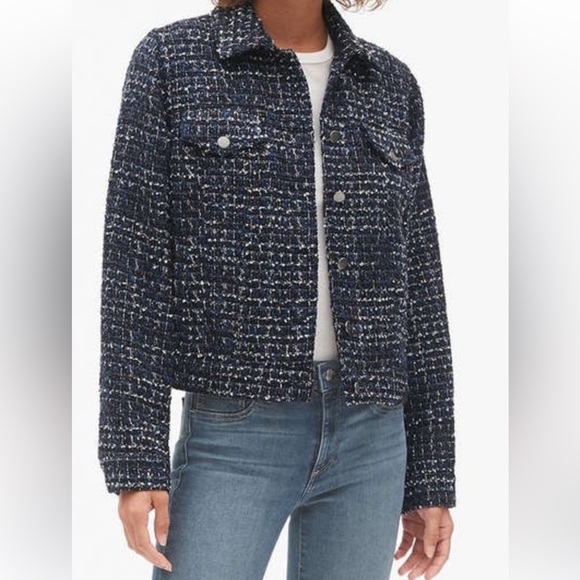 STUNNING NWT GAP ICONIC TWEED JACKET BLUE/ BLACK/ WHITE/ SILVER SIZE L FREE 🎁 - Picture 2 of 11